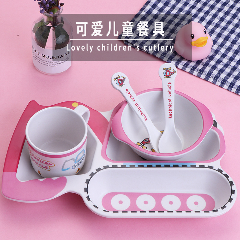 Gift set: Bamboo fiber children's tableware, cartoon bowls, plates, forks, spoons, cups, five-piece set, and grid plate wholesale