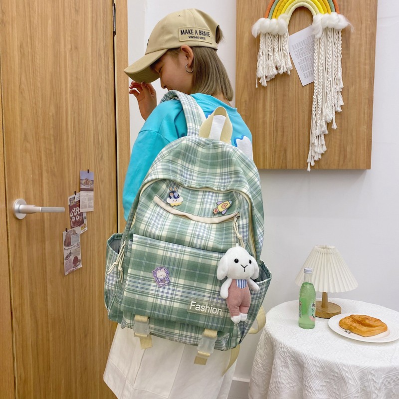 Checkered backpack for junior high school and senior high school girls, Korean style, fresh and clean backpack, large capacity backpack, Instagram