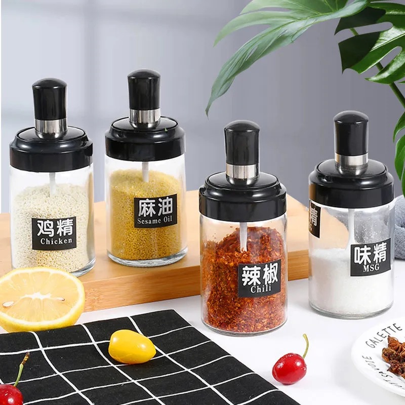 厨房收纳工具玻璃调味瓶勺盖一体调料盒盐罐油壶套装密封玻璃瓶