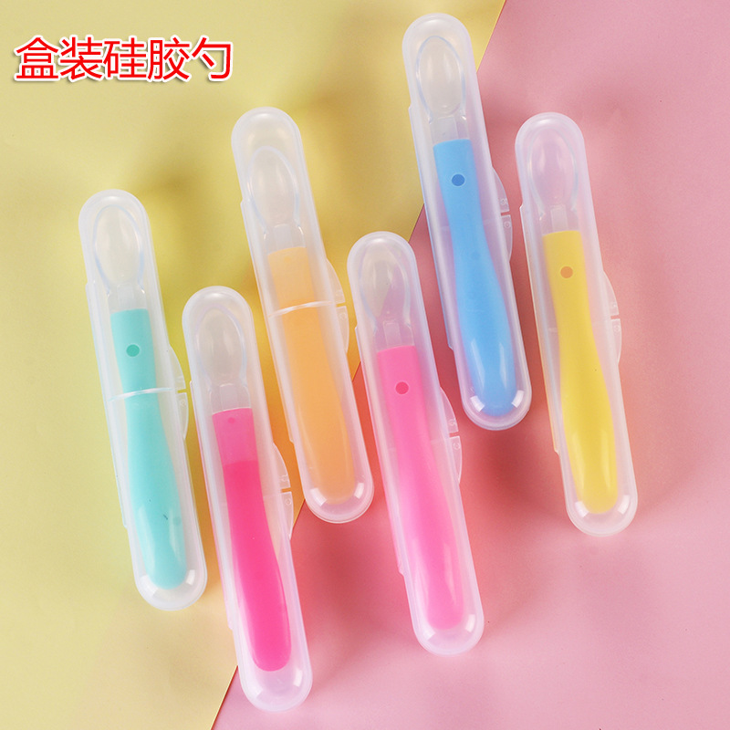 Silicone spoon baby soft head spoon supplementary food feeding medicine baby feeding tableware anti-ironing spoon children eating spoon box full figure