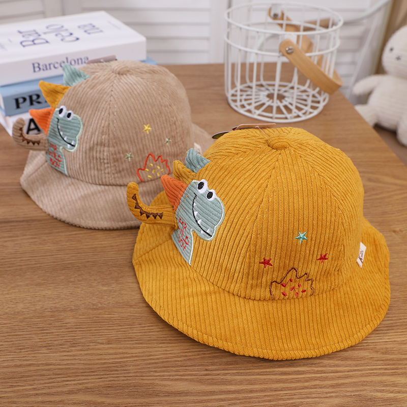 Children's star dinosaur basin hat, warm corduroy fisherman hat for autumn and winter, cartoon fashionable hats for boys and girls, for outings details Picture