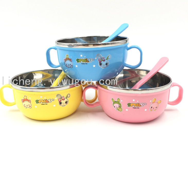 卡通不锈钢儿童双耳小碗可爱餐具防摔隔热宝宝辅食碗送勺子