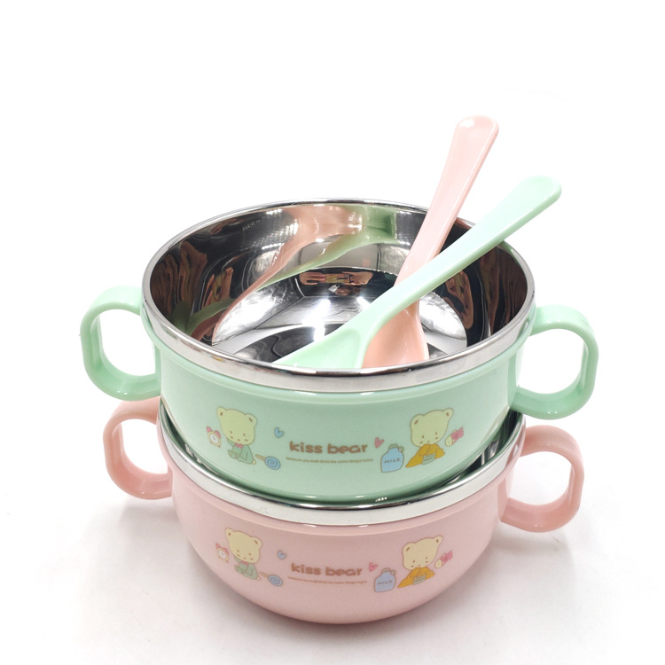 双柄宝宝辅食餐具婴儿吃饭碗 儿童不锈钢小碗配勺卡通汤碗可定制