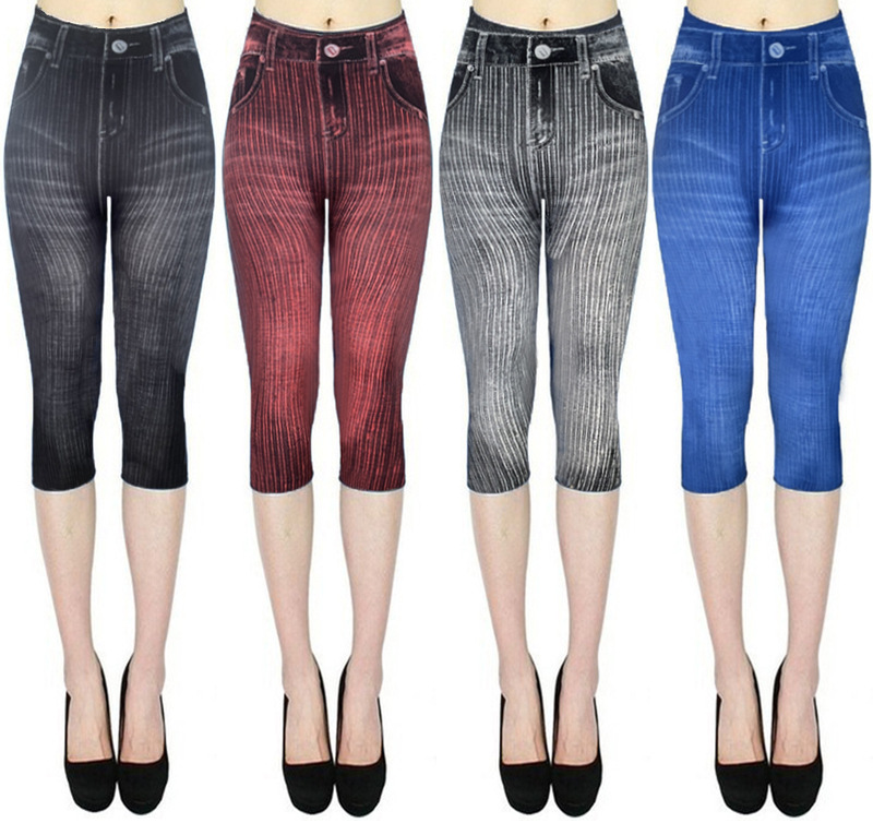 In-stock four-color AliExpress best-selling women's printed denim leggings, large size, lifting and casual