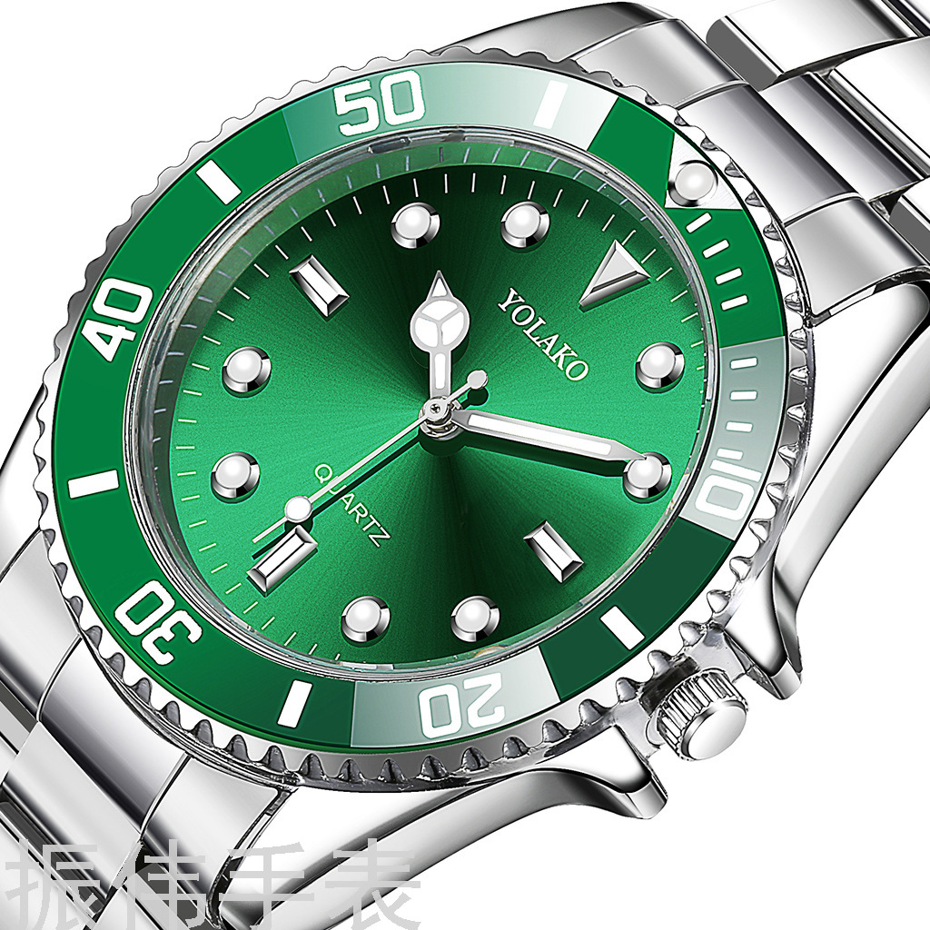 YOLAKO绿水鬼表 男士钢带手表带石英表男士无日历腕表