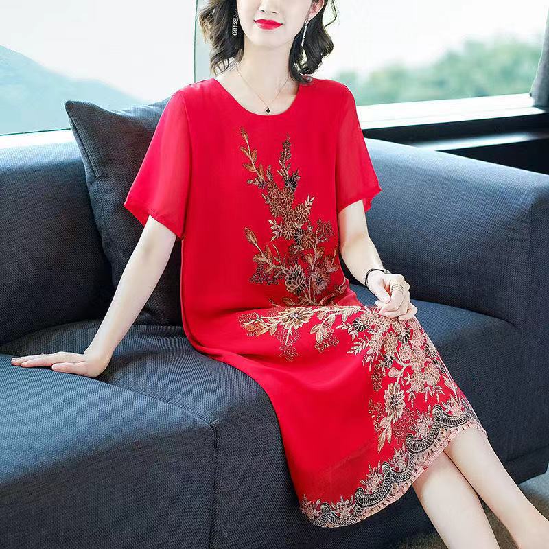 批发2021夏季新款阔太太喜庆大码女装宽松妈妈装连衣裙短袖潮