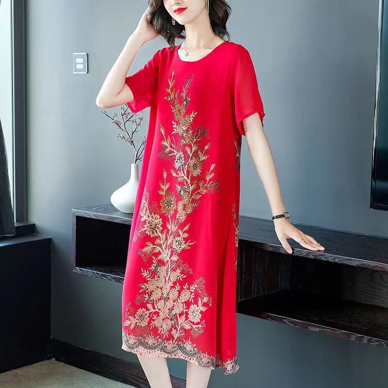 Wholesale 2021 summer new style rich lady festive plate-size women's dress Loose mom dress Short sleeve trendy Specification image