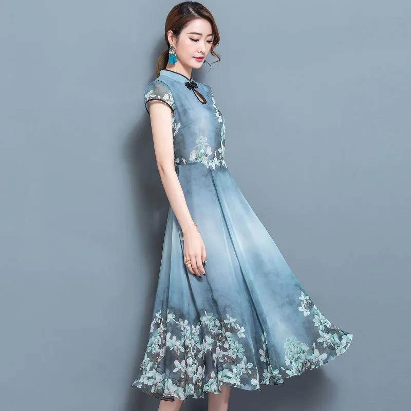 Customized wholesale new 2021 summer slimming printed retro dress, stand-up collar slimming imitation ice silk long skirt, large swing dress details Picture