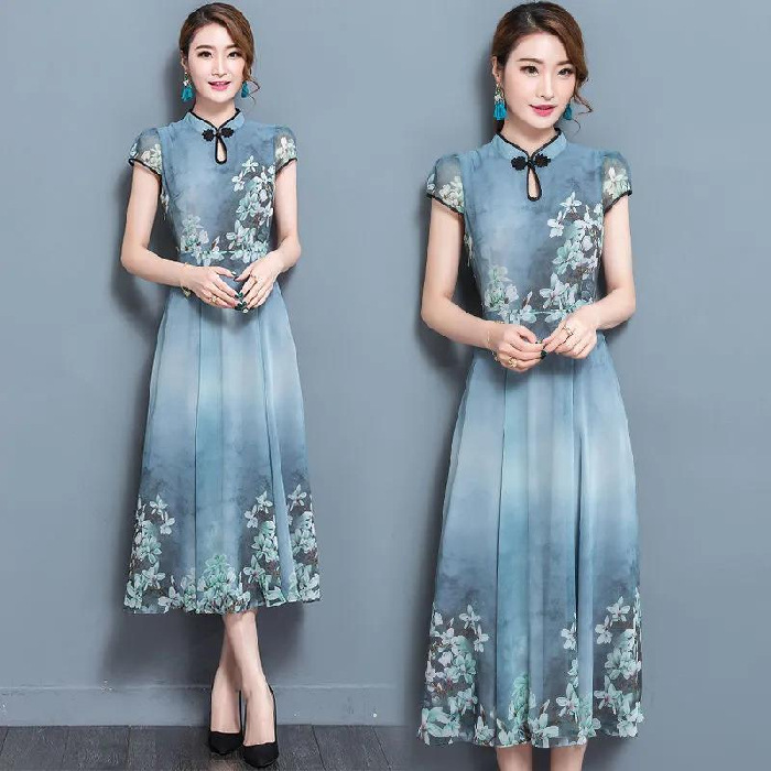 Customized wholesale new 2021 summer slimming printed retro dress, stand-up collar slimming imitation ice silk long skirt, large swing dress Item Picture