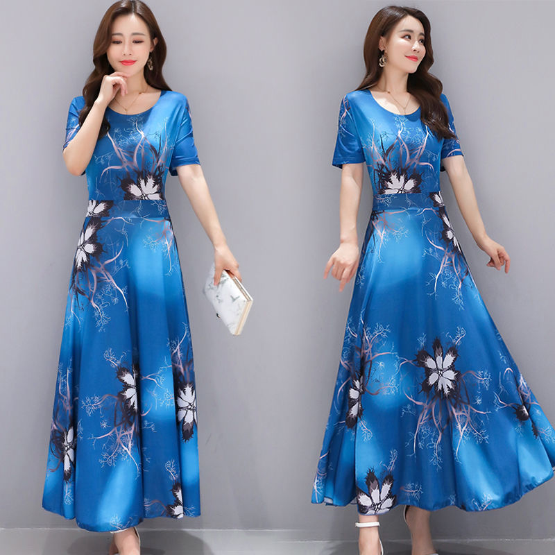 Wholesale foreign trade dresses for women in 2021, new round neck, plus-size, middle-aged and mature style, mom dress, large skirt trend