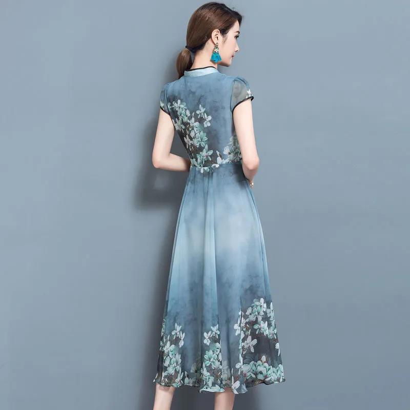 Customized wholesale new 2021 summer slimming printed retro dress, stand-up collar slimming imitation ice silk long skirt, large swing dress Specification image