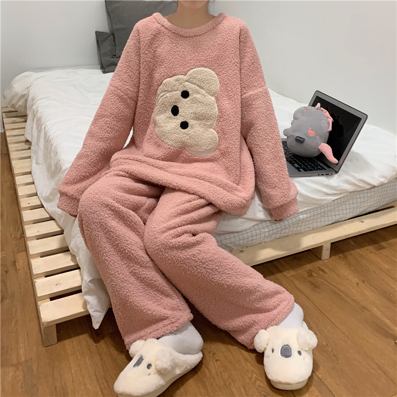 Nightwear spring and autumn female coral velvet couple furry can wear a lovely thick home suit set of two sets