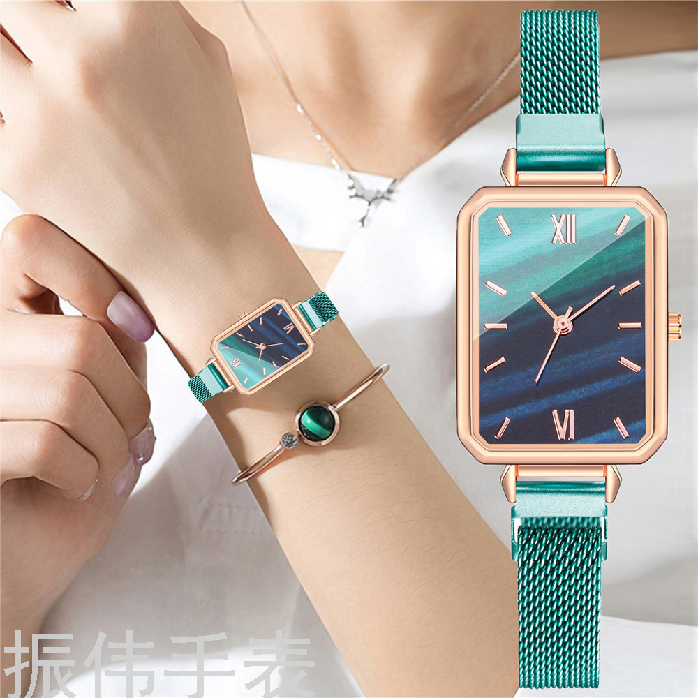 Douyin Fashion Milan with a small green watch, creative rectangular peacock pattern Roman numeral women's quartz watch