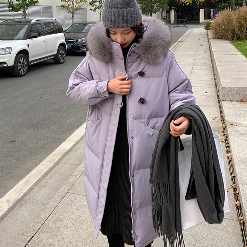 The new mid-length, fashionable, large-collar, loose and thickened white duck down warm jacket for women in winter 2021 is trendy Specification image