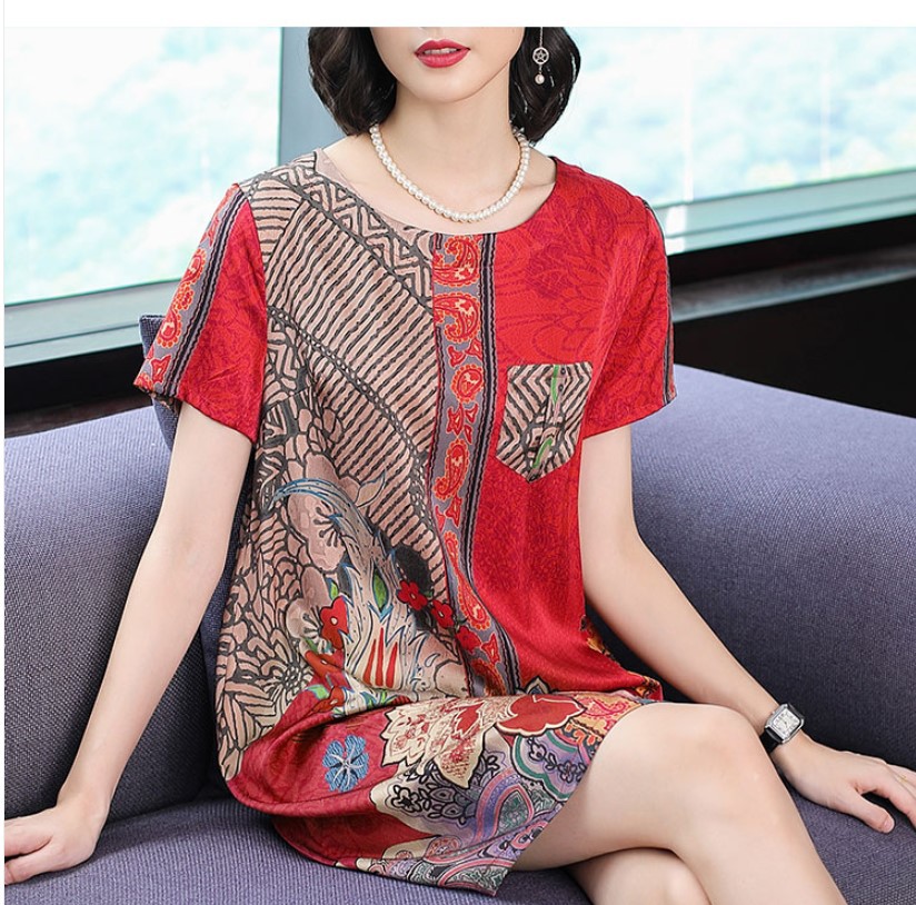 Faux Ice Silk 2021 Season New Mom's Dress, floral print, stylish large-sized T-shirt, short-sleeved printed top for middle-aged and elderly people, summer Specification image