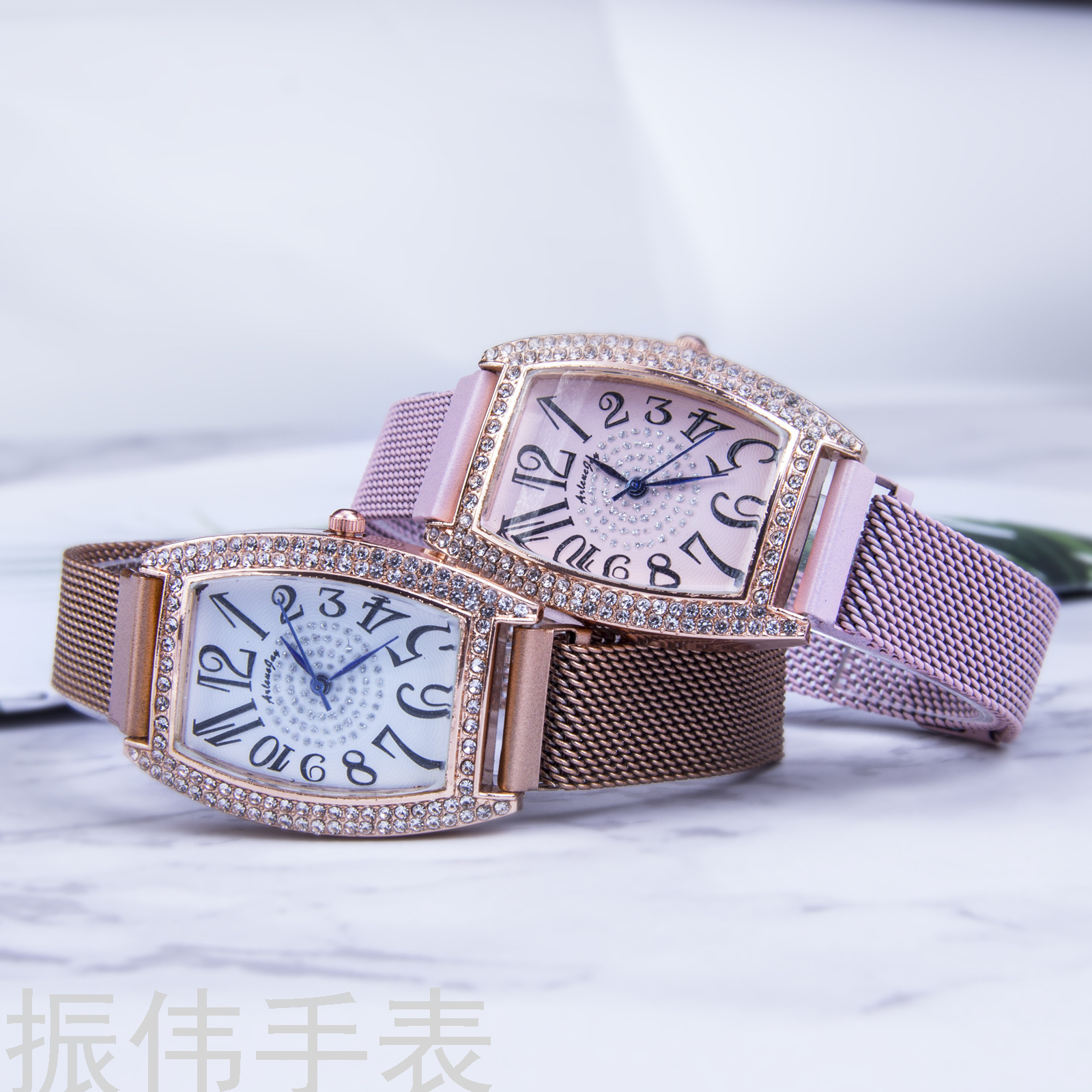 wish's best-selling magnet diamond-encrusted bar-shaped mesh strap watch, Douyin's new full-diamond digital dial women's watch Specification image