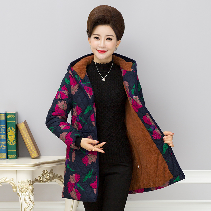 Large-sized, fleece and thickened women's clothing for middle-aged and elderly people, thick cotton-padded clothes for autumn and winter, medium-length cotton-padded clothes for mothers, 50-60-year-old grandmothers details Picture