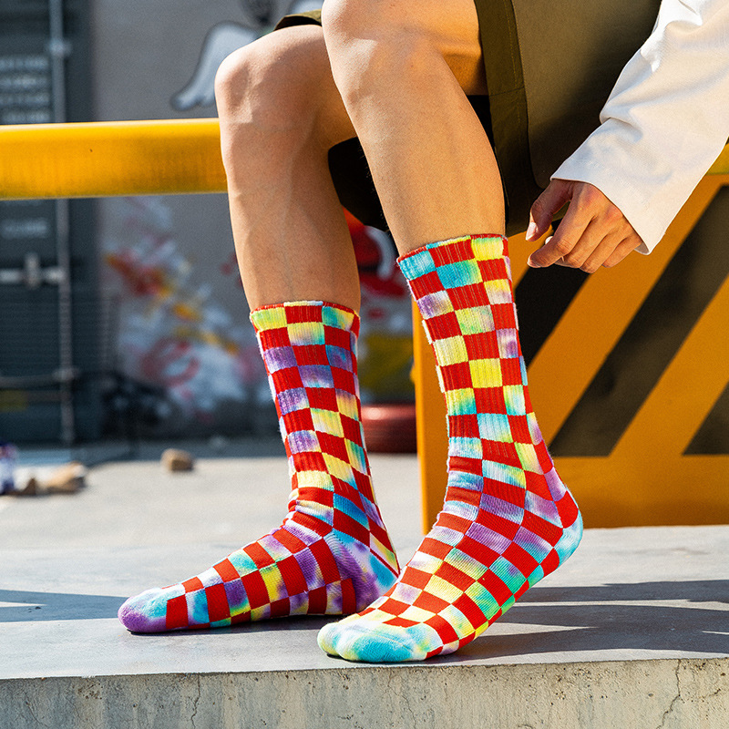 Tie dyed socks men's tube suction hair ring breathable street tide socks wholesale students plaid high stockings women's cotton socks Application Scenario