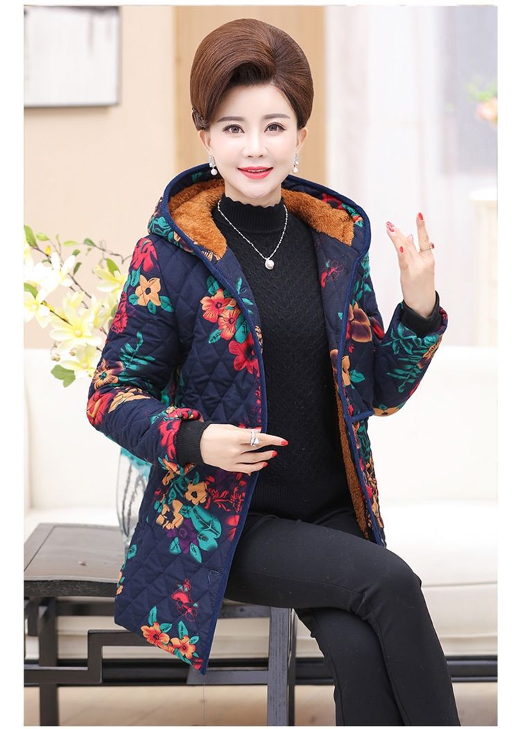 Large-sized, fleece and thickened women's clothing for middle-aged and elderly people, thick cotton-padded clothes for autumn and winter, medium-length cotton-padded clothes for mothers, 50-60-year-old grandmothers Specification image
