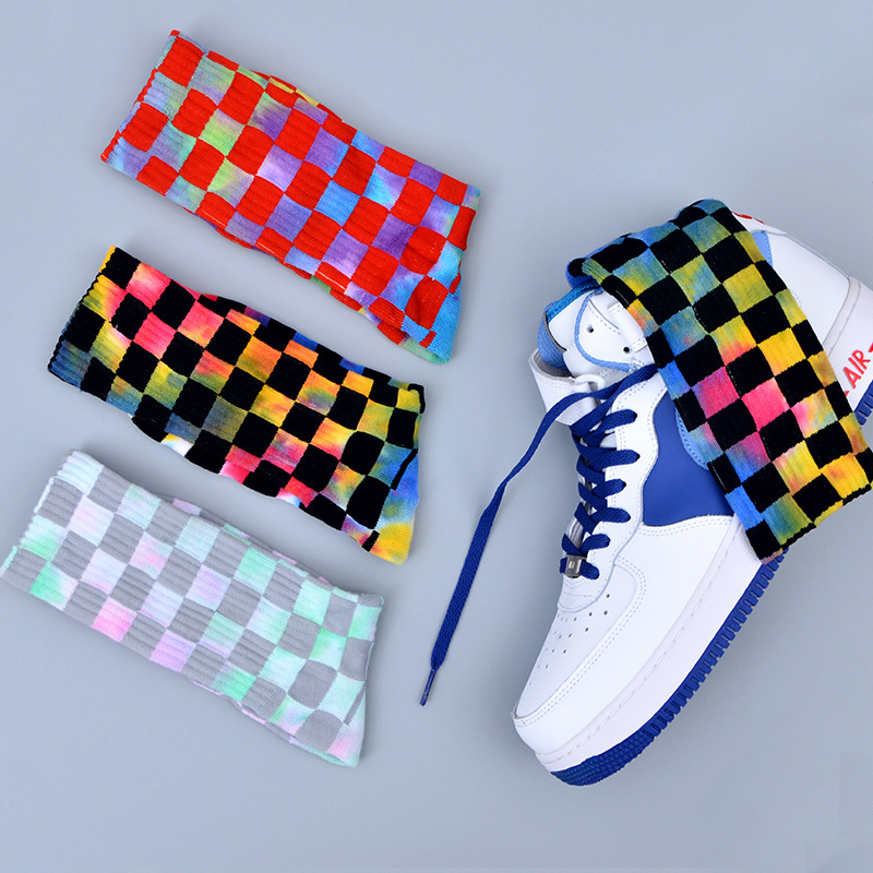 Tie dyed socks men's tube suction hair ring breathable street tide socks wholesale students plaid high stockings women's cotton socks Specification drawing
