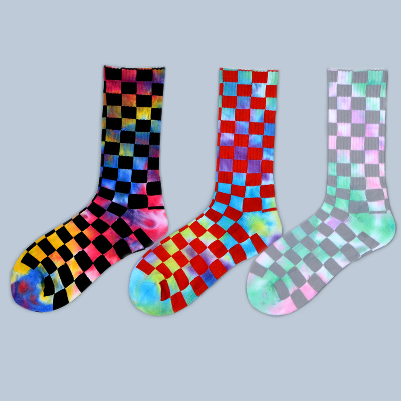 Tie dyed socks men's tube suction hair ring breathable street tide socks wholesale students plaid high stockings women's cotton socks details Picture