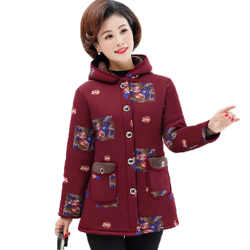 Women's clothing for middle-aged and elderly people, cotton-padded jackets for mothers, autumn and winter coats with fleece and thickened cotton-padded clothes, large-sized cotton-padded jackets for grandmothers aged 40-50-60 Item Picture