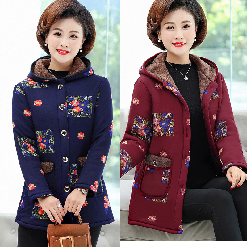 Women's clothing for middle-aged and elderly people, cotton-padded jackets for mothers, autumn and winter coats with fleece and thickened cotton-padded clothes, large-sized cotton-padded jackets for grandmothers aged 40-50-60 Application Scenario