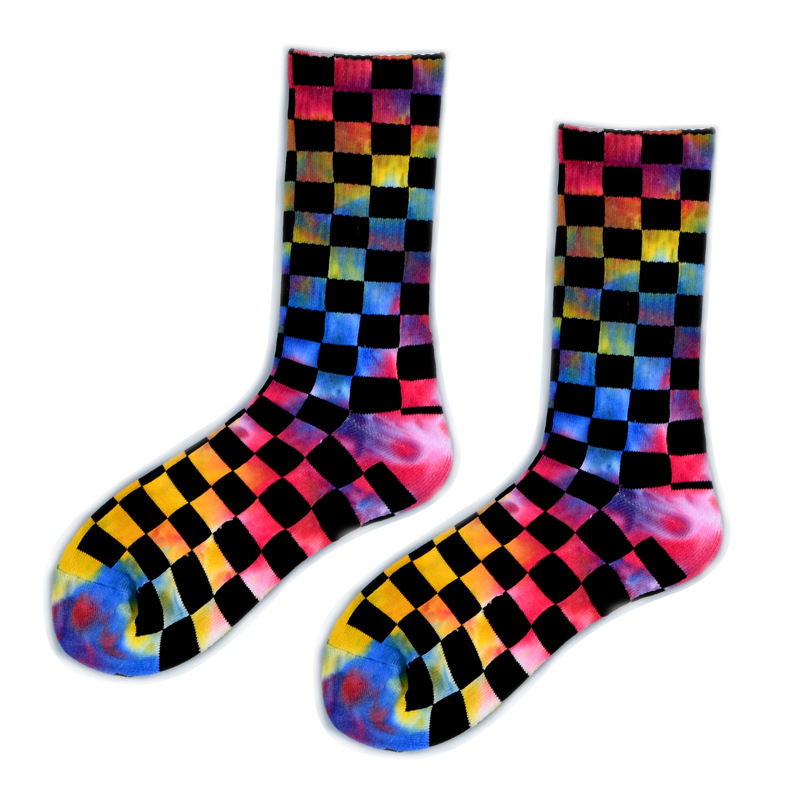 Tie dyed socks men's tube suction hair ring breathable street tide socks wholesale students plaid high stockings women's cotton socks Item Picture