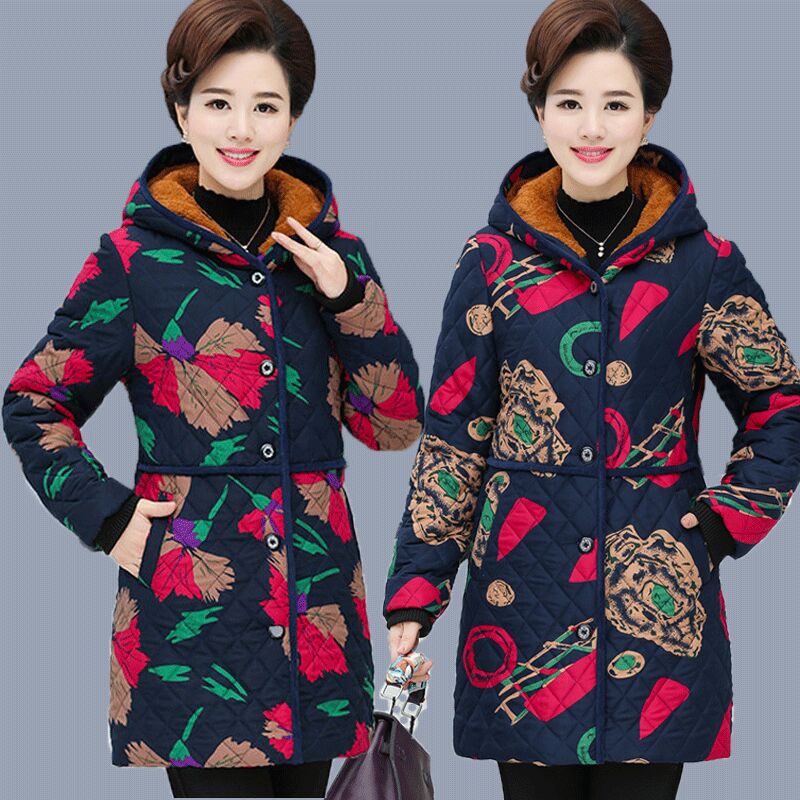 Large-sized, fleece and thickened women's clothing for middle-aged and elderly people, thick cotton-padded clothes for autumn and winter, medium-length cotton-padded clothes for mothers, 50-60-year-old grandmothers