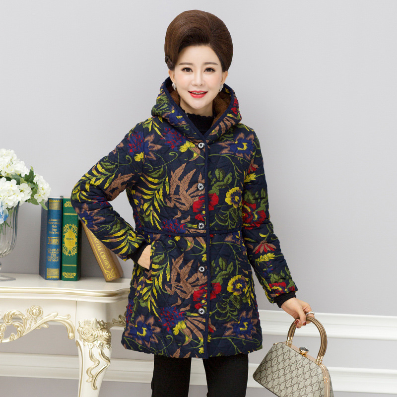 Large-sized, fleece and thickened women's clothing for middle-aged and elderly people, thick cotton-padded clothes for autumn and winter, medium-length cotton-padded clothes for mothers, 50-60-year-old grandmothers Item Picture