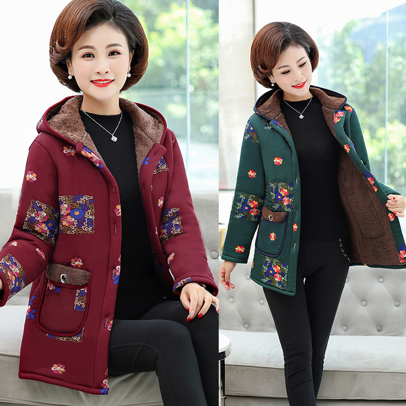 Women's clothing for middle-aged and elderly people, cotton-padded jackets for mothers, autumn and winter coats with fleece and thickened cotton-padded clothes, large-sized cotton-padded jackets for grandmothers aged 40-50-60 Specification image