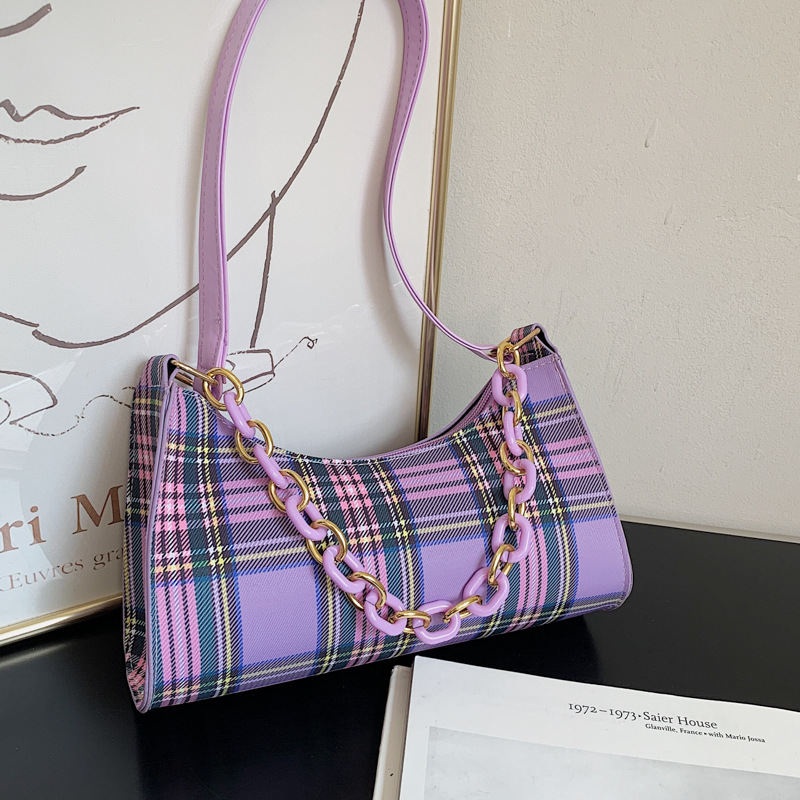 Summer net red simple bag plaid underarm bag baguette bag popular women's bag 2021 new single shoulder chain bag