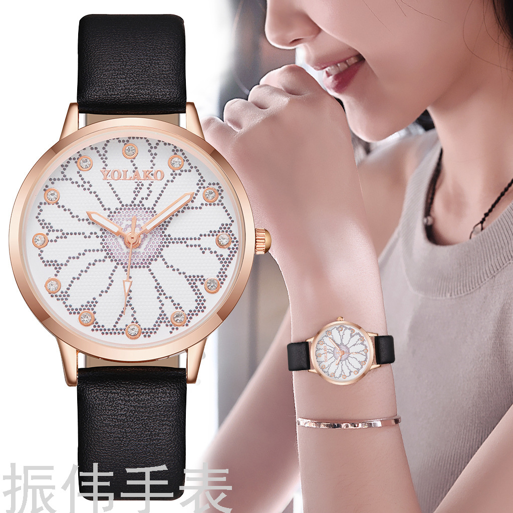 外贸热销时尚女士印花点钻皮带石英表手表 YOLAKO圆形表盘时装表石英表