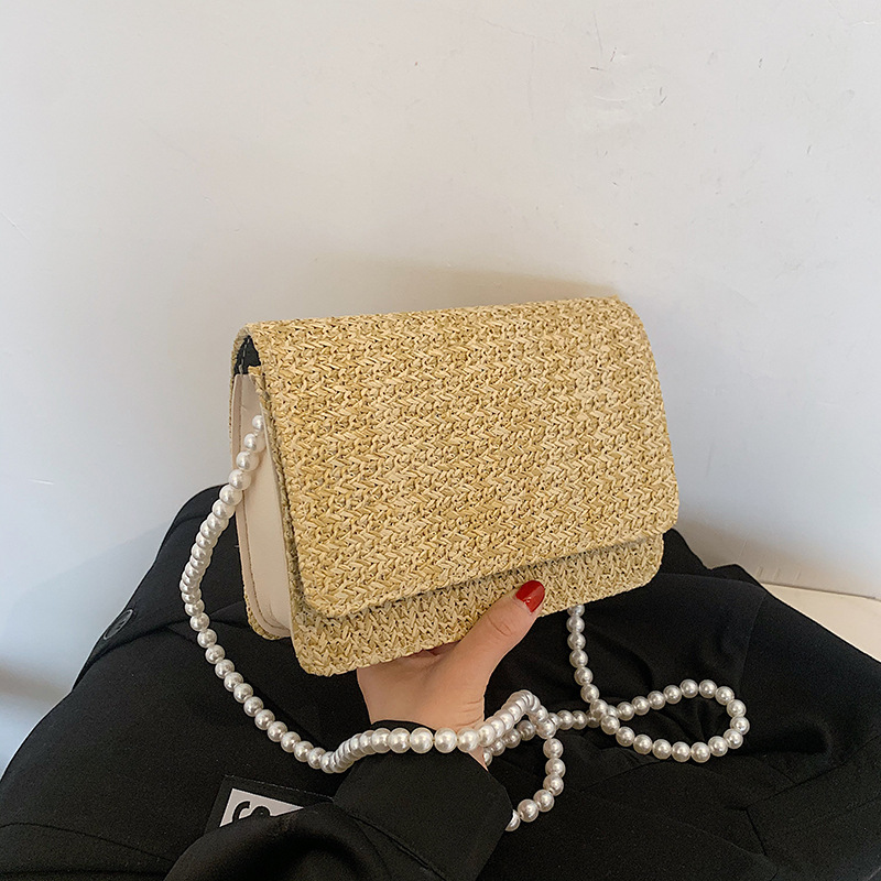 Texture western bag female 2021 summer new straw flap small square bag pearl crossbody bag shoulder pearl bag