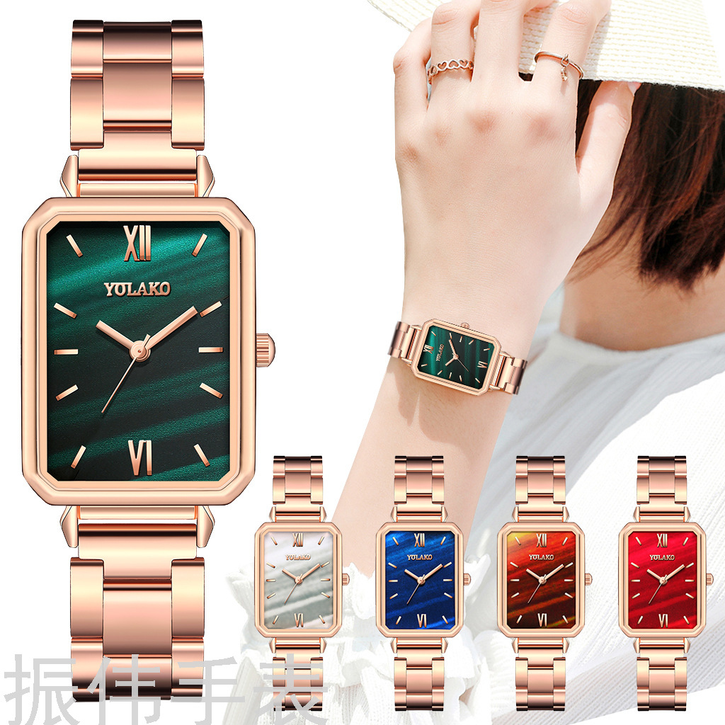 YOLAKO brand's new peacock green watch, a creative rectangular Roman numeral steel band small green watch