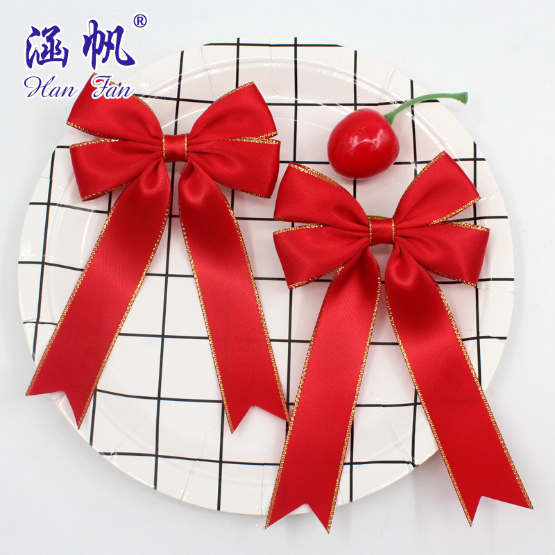 7 min 2.2cm red gilt-edged polyester double bow tie plus tail plus leather band wrap waist bow gift decoration