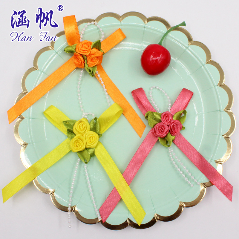 1cm多色缎带加小花粘珍珠链手打蝴蝶结  定制各种蝴蝶结礼品装饰