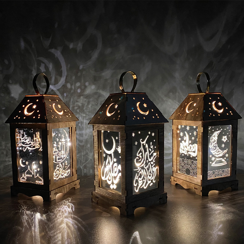 New Ramadan and Eid al-Fitr wind lanterns, wooden lanterns, festival lights, decorative led battery-powered decorative lights, text customization
