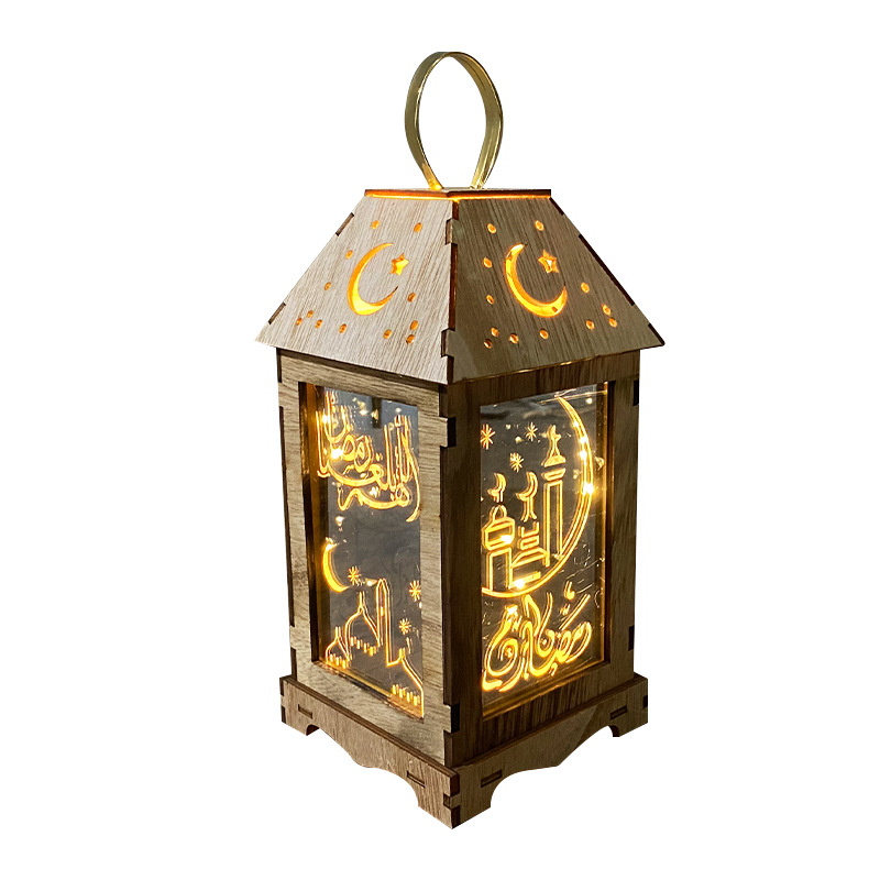 New Ramadan and Eid al-Fitr wind lanterns, wooden lanterns, festival lights, decorative led battery-powered decorative lights, text customization Item Picture