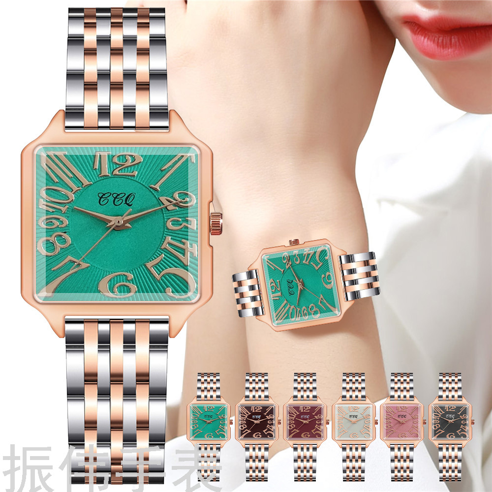 抖音快手直播间 时尚女表方形小绿表 间金色钢带简约数字面女表