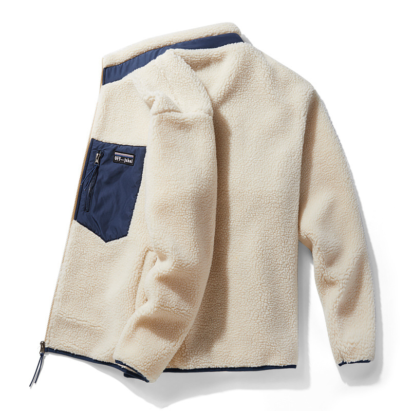 Free shipping of lambskin cotton jacket, men's fleece and thickened casual zipper cardigan, fleece and thickened stand-up collar winter sports jacket Item Picture