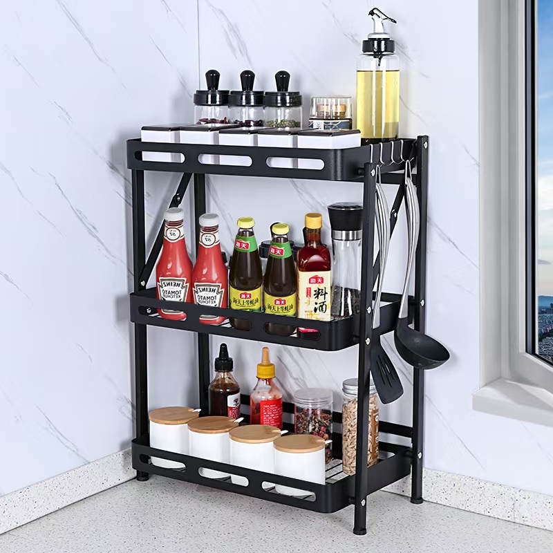 厨房置物架不锈钢烤漆面多层免安装折叠调料架收纳油盐酱醋刀架