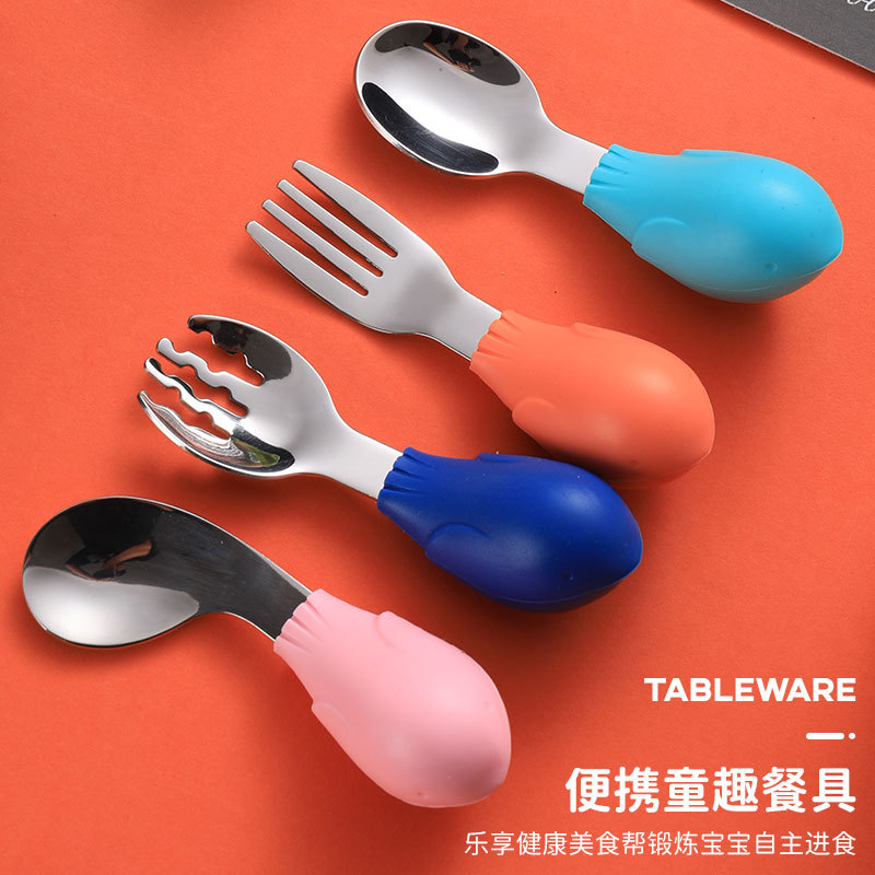 Baby silicone handle fork spoon stainless steel spoon baby training fork spoon children's cutlery auxiliary food spoon full figure