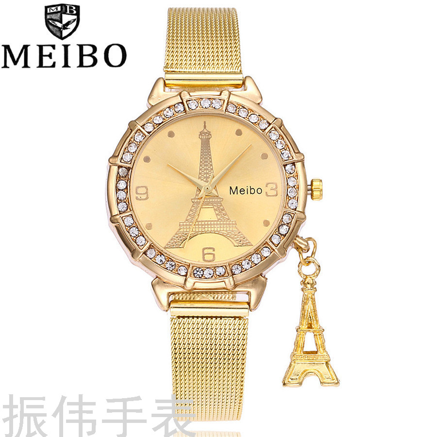 外贸法国巴黎铁塔挂坠合金网带手表 女士简约休闲石英手表