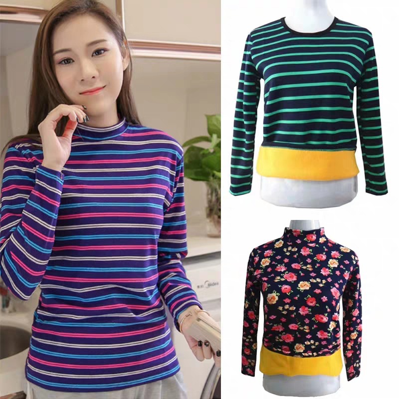 Women's long sleeve T-shirt Women's warm coat 202 new autumn and winter thin fleece printed long sleeve bottom blouse for women