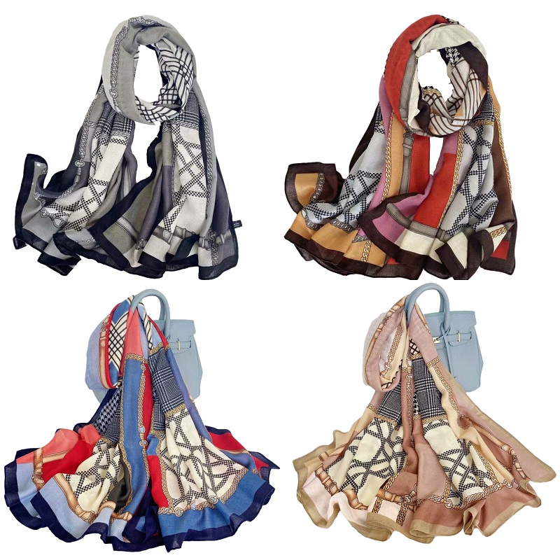 The new cotton and linen scarf with chain check print is a soft and long silk scarf for three seasons, which is fashionable and warm