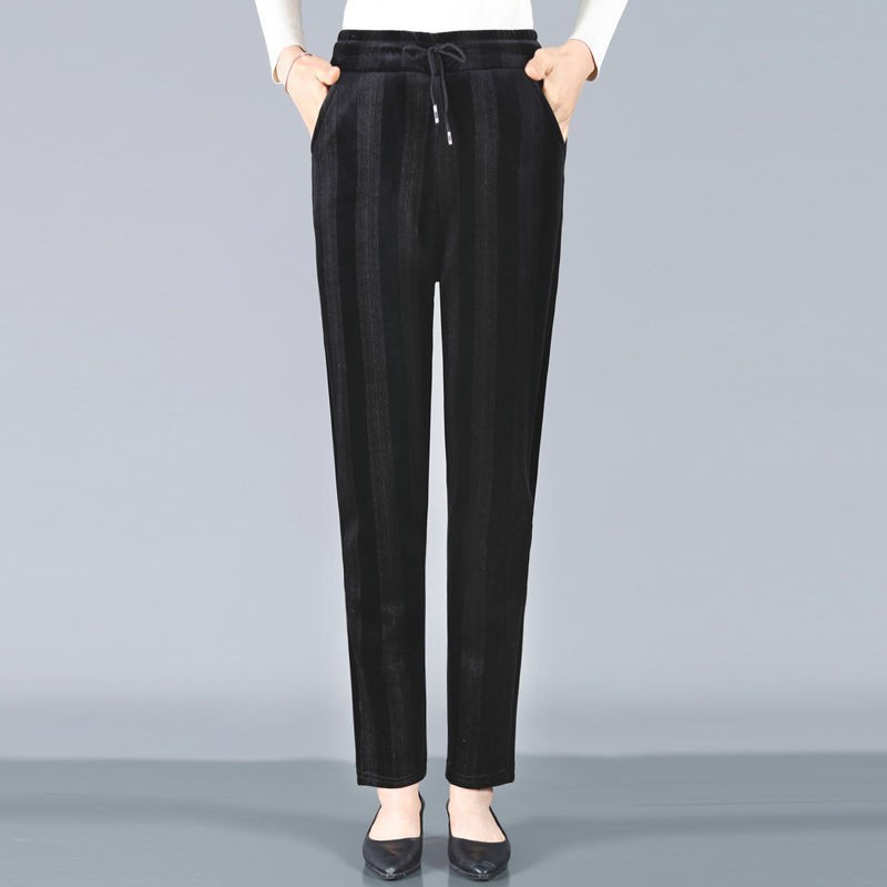 Fall straight cotton and linen trousers casual high-waisted drawstring black vertical stripes commuter belt pant middle-aged