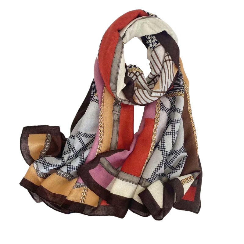 The new cotton and linen scarf with chain check print is a soft and long silk scarf for three seasons, which is fashionable and warm Specification image
