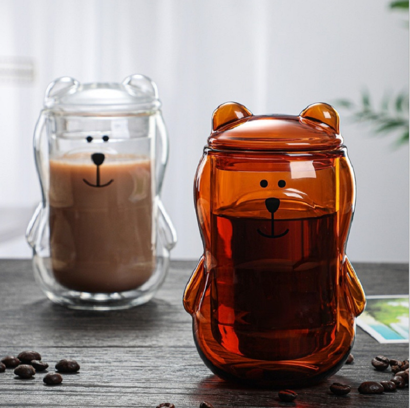 双层可爱小熊玻璃水杯个性咖啡杯牛奶杯果汁杯带盖隔热杯子