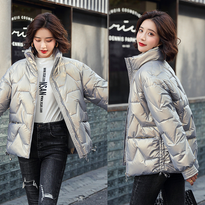 No-wash shiny cotton-padded jacket for women, 2021 winter new down cotton-padded jacket, short Korean-style stand-up collar, petite thickened coat Item Picture